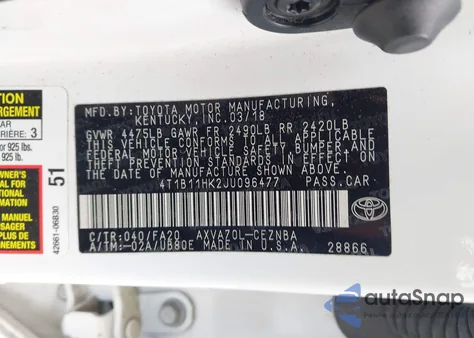 2018 Toyota Camry Le z USA, uszkodzony, nr VIN 4T1B11HK2JU096477